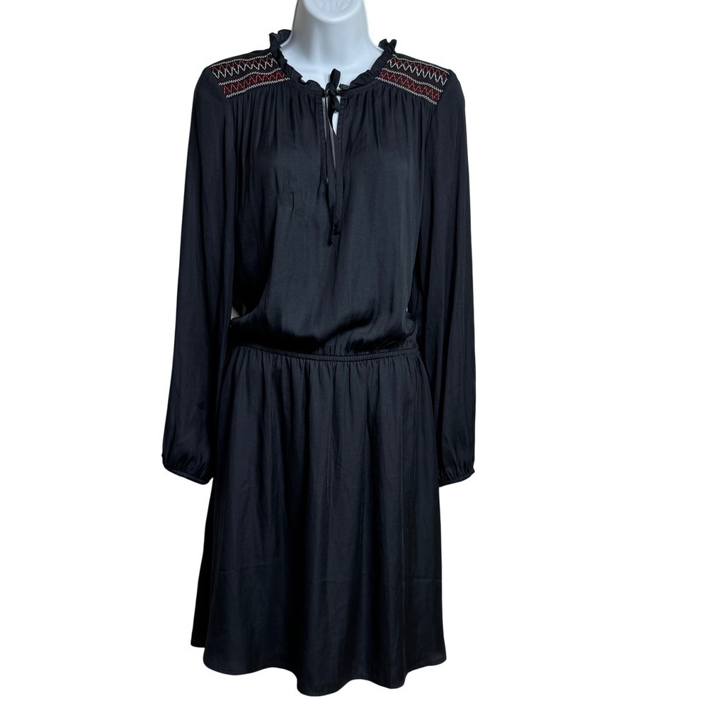 GAP Black Embroidered Neckline Long Sleeve Smocked Waist Dress Size S boho